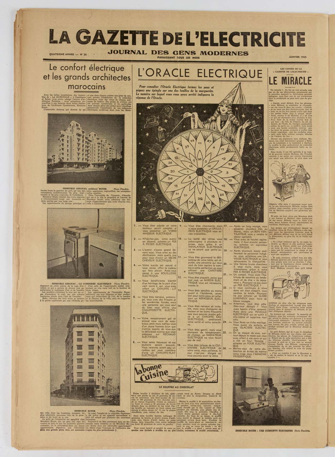 La page de La Gazette de l’Électricité, janvier 1935, avec l’article «&nbsp;Le confort électrique et les grands architectes marocains&nbsp;»