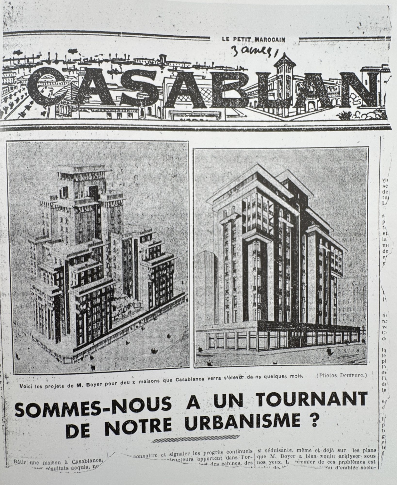 Coupure du Petit Marocain, 3 avril 1931 : projets non réalisés d’immeubles en hauteur de Marius Boyer pour Casablanca