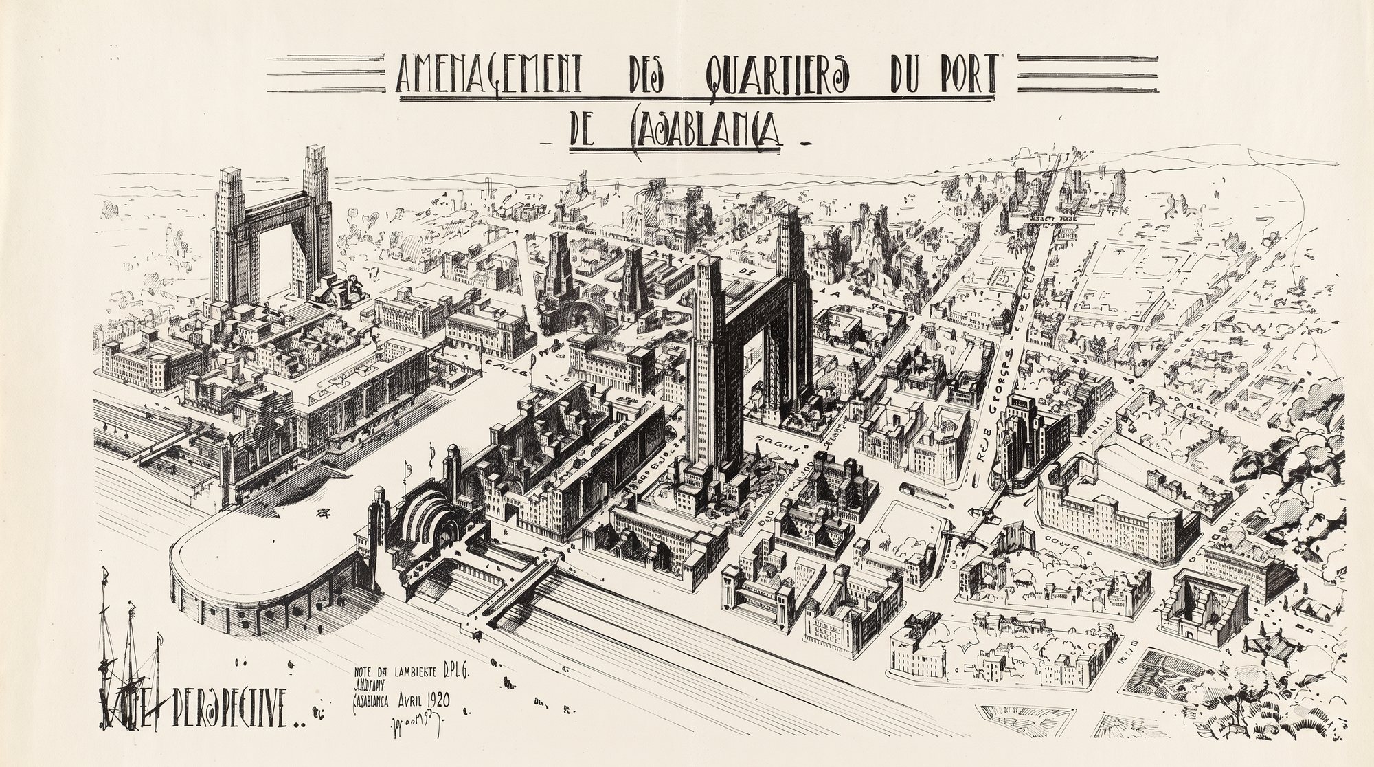 Perspective dessinée de Marius Boyer : aménagement des quartiers du port de Casablanca, tours en portique, voies ferrées