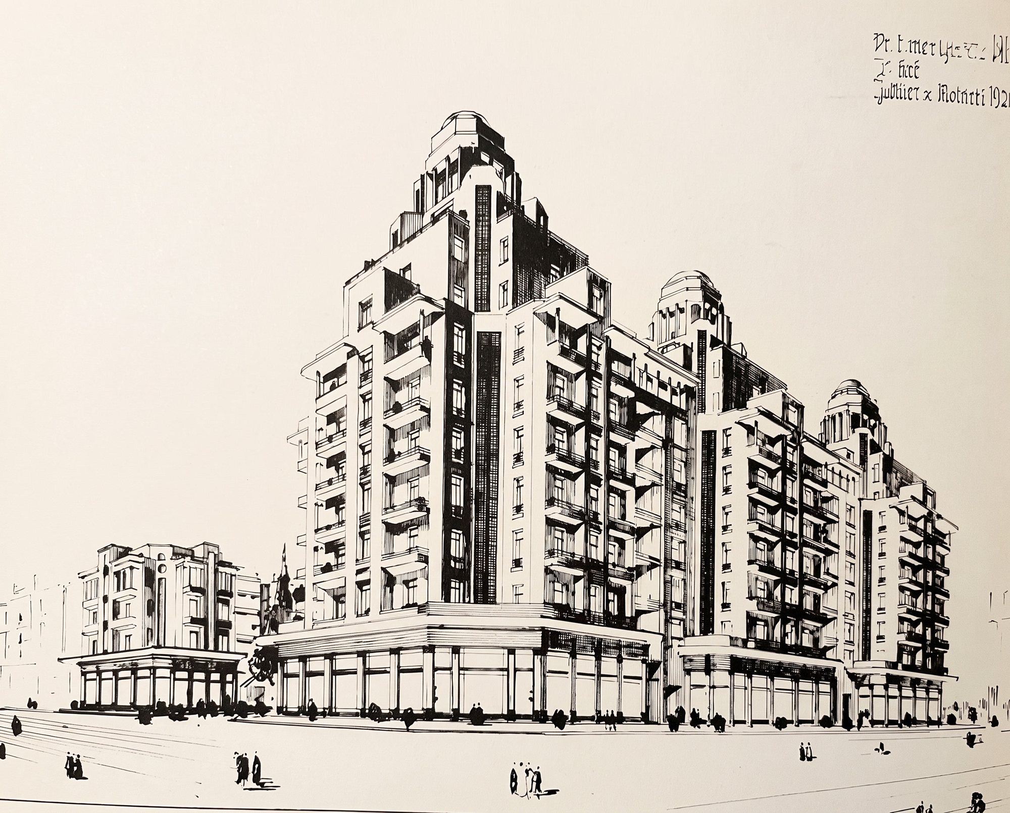 Perspective dessinée de l’Assayag par Marius Boyer : tours à gradins coiffées de coupoles, boutiques au rez-de-chaussée