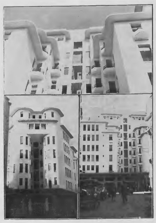 Trois photographies de l'immeuble Lévy-Bendayan en 1932 : redans arrondis vus d'en bas, façade creusée d'une faille verticale, rue animée au pied de l'immeuble