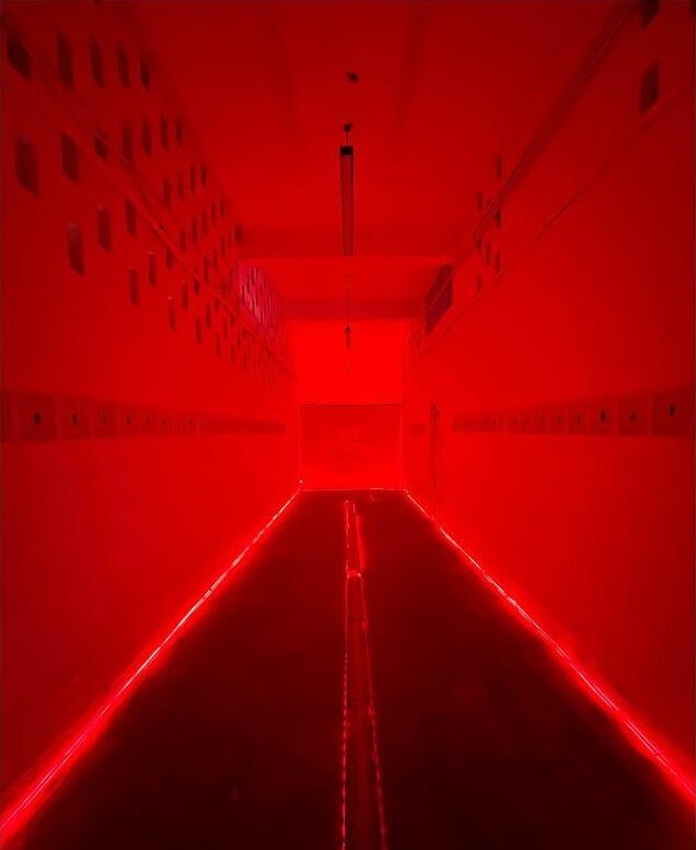 Long couloir des caves de l’Assayag sous lumière rouge, bandes lumineuses au sol et petits tirages aux murs