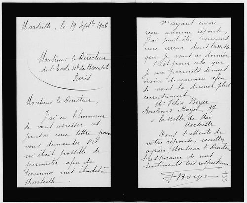 Lettre manuscrite de Marius Boyer au directeur de l'École nationale des Beaux-Arts, Marseille, 19 septembre 1906