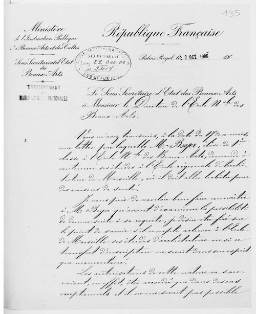 Lettre manuscrite du sous-secrétaire d'État aux Beaux-Arts au directeur de l'École nationale des Beaux-Arts à propos de Marius Boyer, octobre 1906