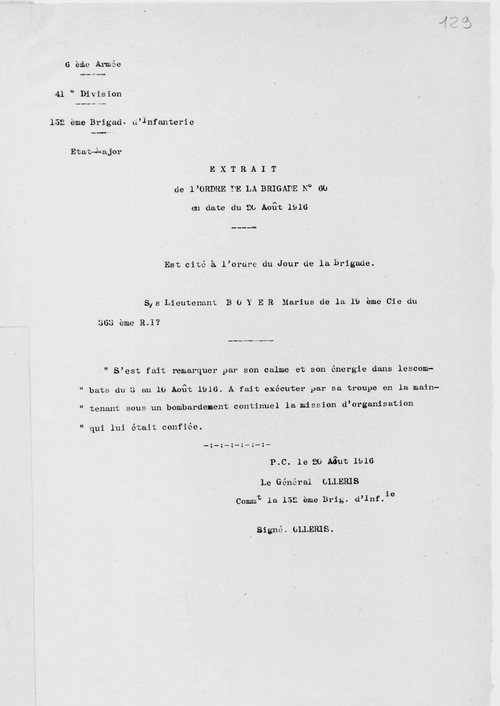 Extrait dactylographié de l'ordre de la 152e brigade d'infanterie du 20 août 1916 citant le sous-lieutenant Marius Boyer