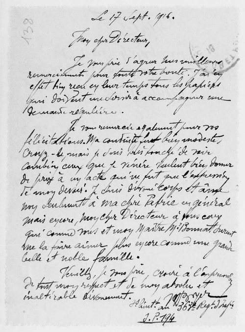 Lettre manuscrite de Marius Boyer à l'École des Beaux-Arts, 17 septembre 1916