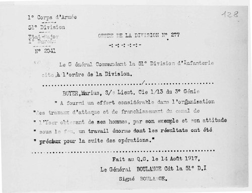 Extrait dactylographié de l'ordre de la 51e division d'infanterie du 14 août 1917 citant le sous-lieutenant Marius Boyer du 3e génie