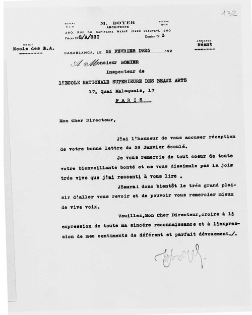 Lettre dactylographiée de Marius Boyer sur le papier à en-tête de son agence, Casablanca, 26 février 1925