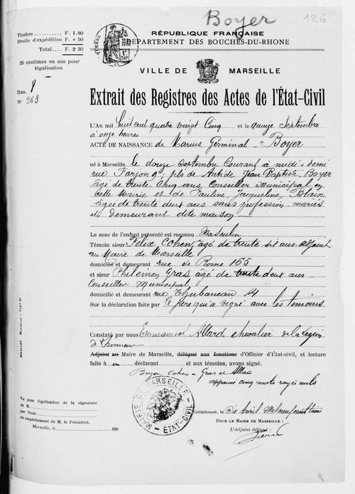 Extrait de l'acte de naissance de Marius Germinal Boyer, Marseille, septembre 1885