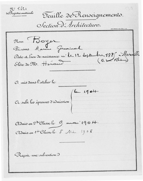 Feuille de renseignements de la section d'architecture de l'École des Beaux-Arts au nom de Marius Germinal Boyer