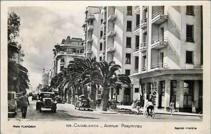 Old postcard of avenue Poeymirau: a balconied facade, a row of palm trees, vintage cars and a cyclist